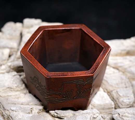  shop manager special selection * bargain sale! purple sand purple mud bonsai pot plant pot angle pot landscape scenery comming off carving purple mud . hexagon handmade hand made width 10.5cm× height 6cm