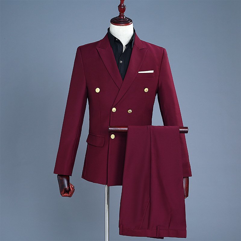  new work fine quality 2 point set wine red double presentation suit men's suit set tuxedo outer garment trousers S M L-2XL musical performance . Mai pcs costume 