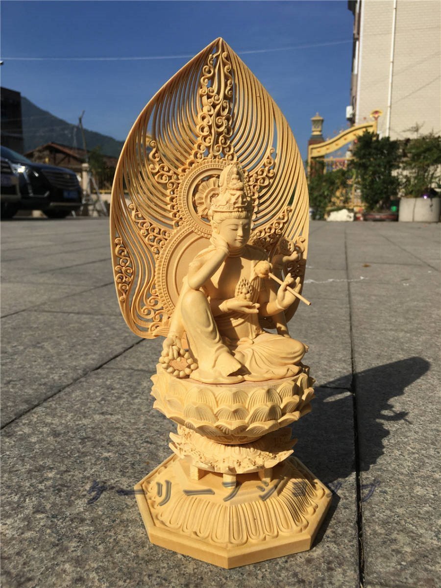仏教美術 精密彫刻 仏像 手彫り 極上品 如意輪観音 六臂観音 高さ30cm