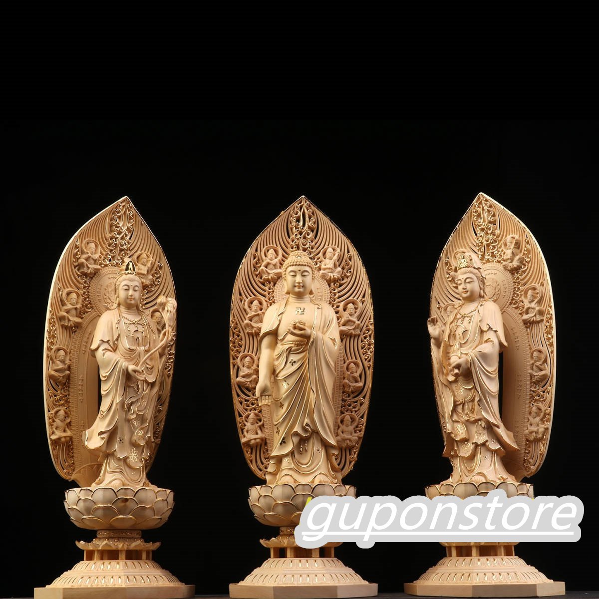 品多く 最新作 西方三聖 仏師で仕上げ品 精密細工 仏教美術 木彫仏像