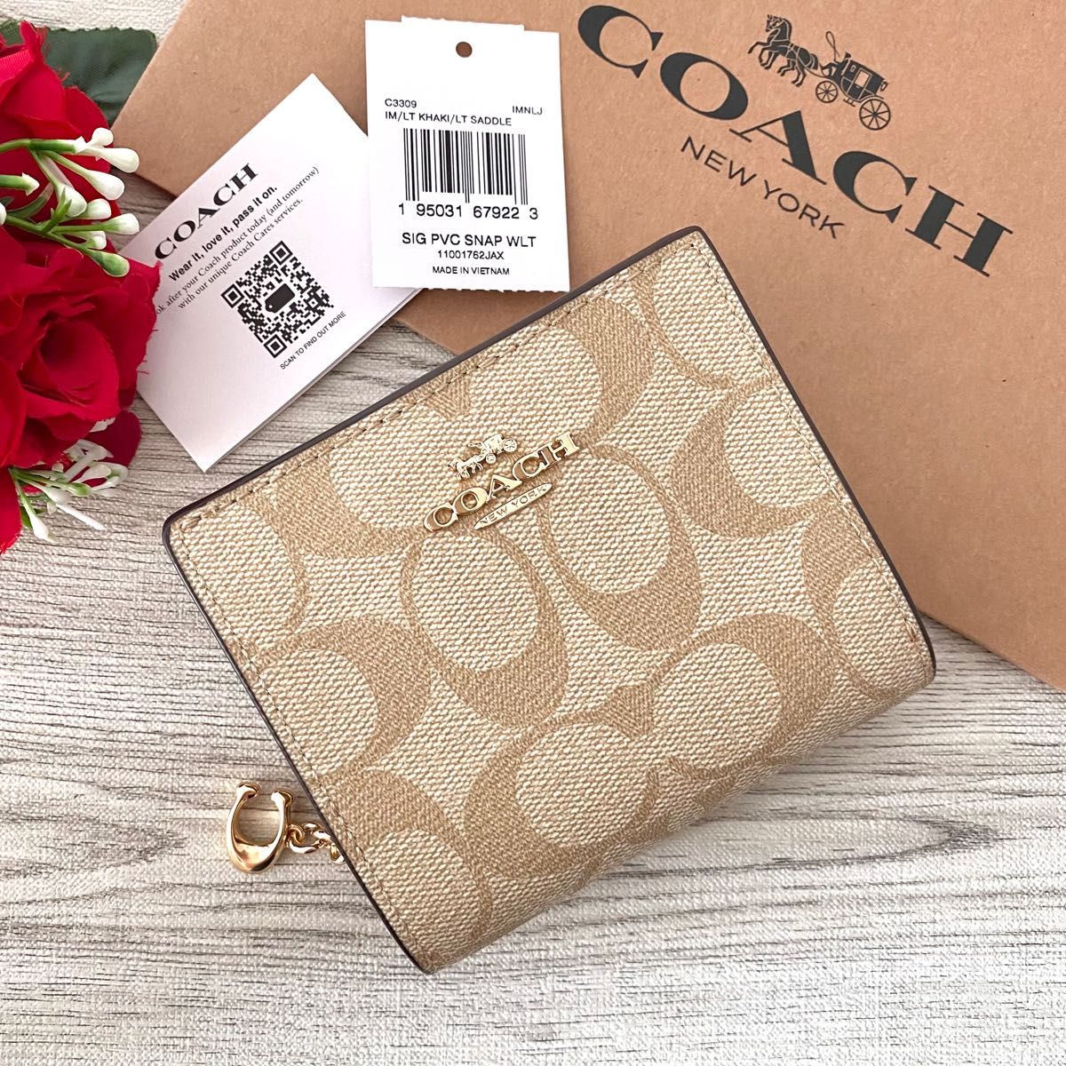 新品》COACH ホワイト 花柄 レザー コインケース-