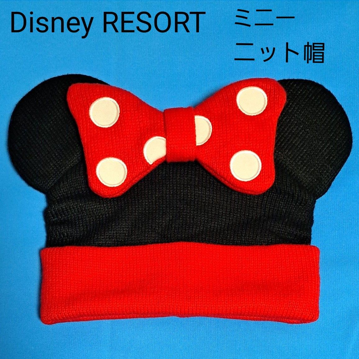 Disney ミニー ニット帽 リボン ビーニー 赤 黒 58cm 刺繍 ニットキャップ Minnie 帽子 ディズニーリゾート 