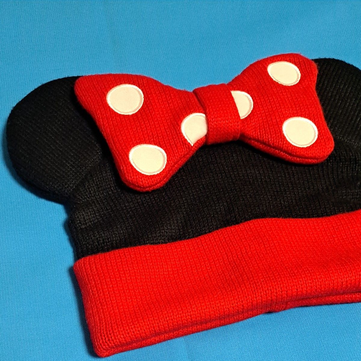 Disney ミニー ニット帽 リボン ビーニー 赤 黒 58cm 刺繍 ニットキャップ Minnie 帽子 ディズニーリゾート 