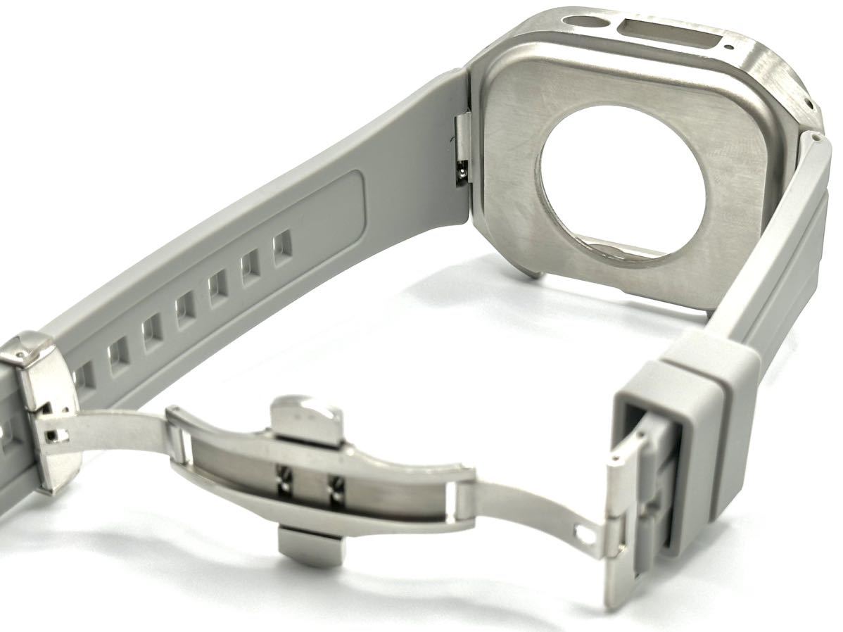 グレーS★アップルウォッチバンド ラバーベルト カバー　ステンレス Apple Watch ケース 49mm ウルトラ　ultra メンズ レディース