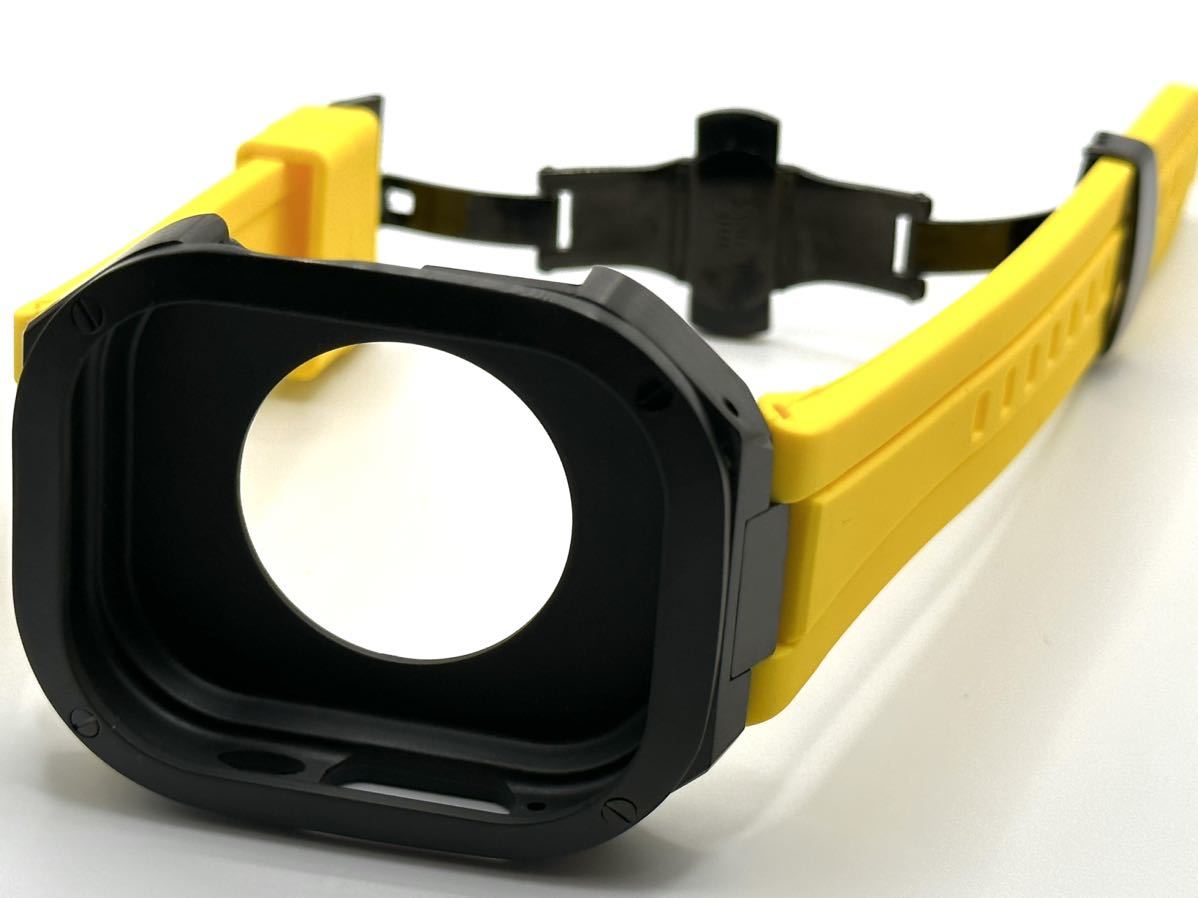イエローB★アップルウォッチバンド ラバーベルト カバー　ステンレス Apple Watch ケース 49mm ウルトラ　ultra メンズ レディース