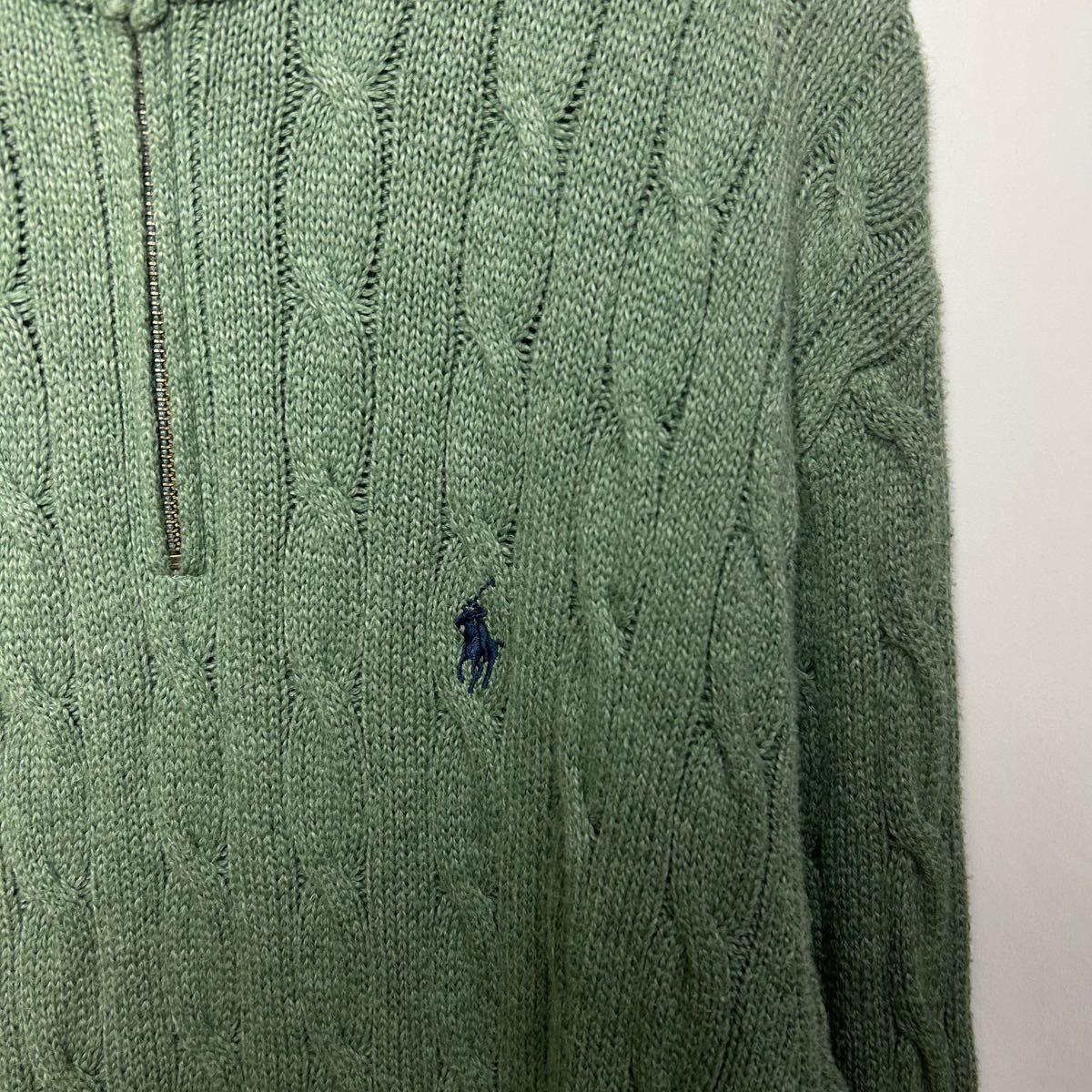 レアカラー　POLO RALPH LAUREN ポロラルフローレン　ハーフジップニットセーター　ケーブル編み　くすみグリーン　緑