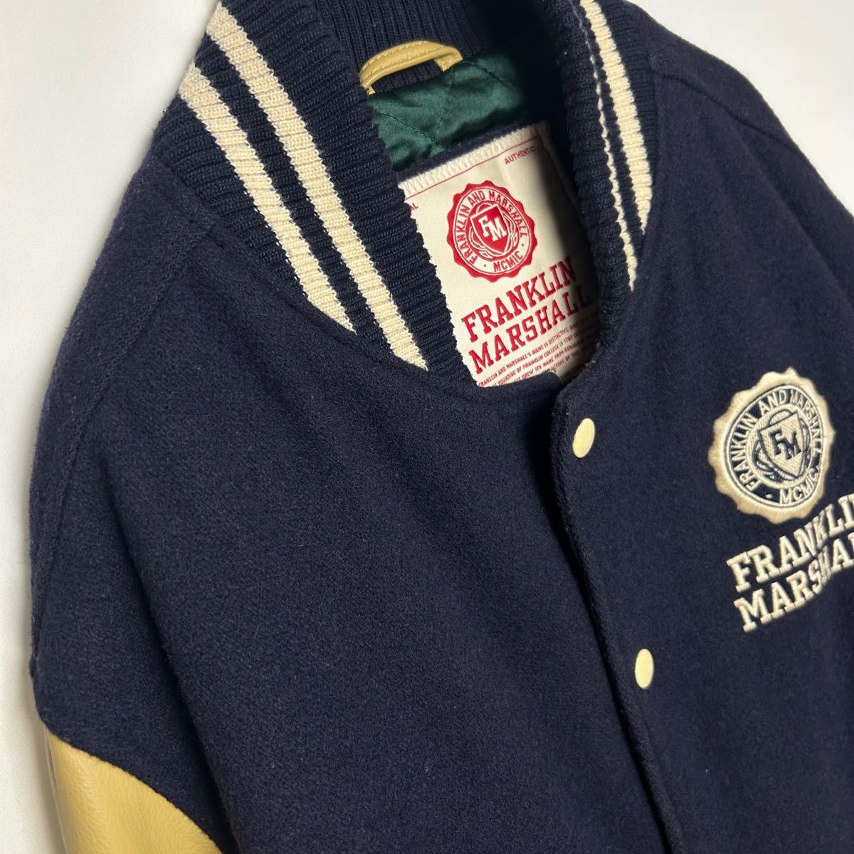FRANKLIN MARSHALL フランクリンマーシャル ウールスタジャン 袖レザー ネイビー 刺繍ロゴ ベージュ アメカジ