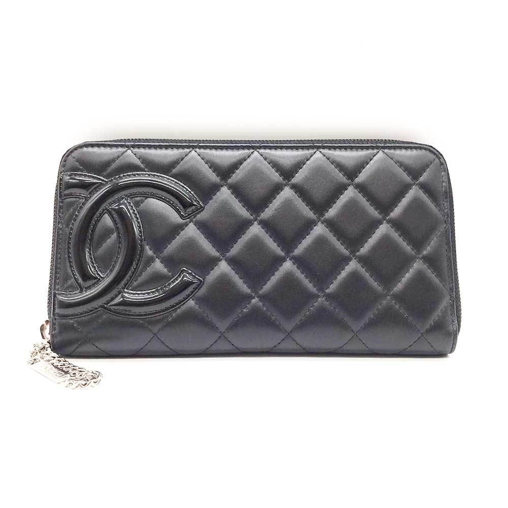 シャネル ラウンドファスナー財布 カンボンライン レザー ブラック系 ABランク CHANEL 中古 六甲道店_画像1