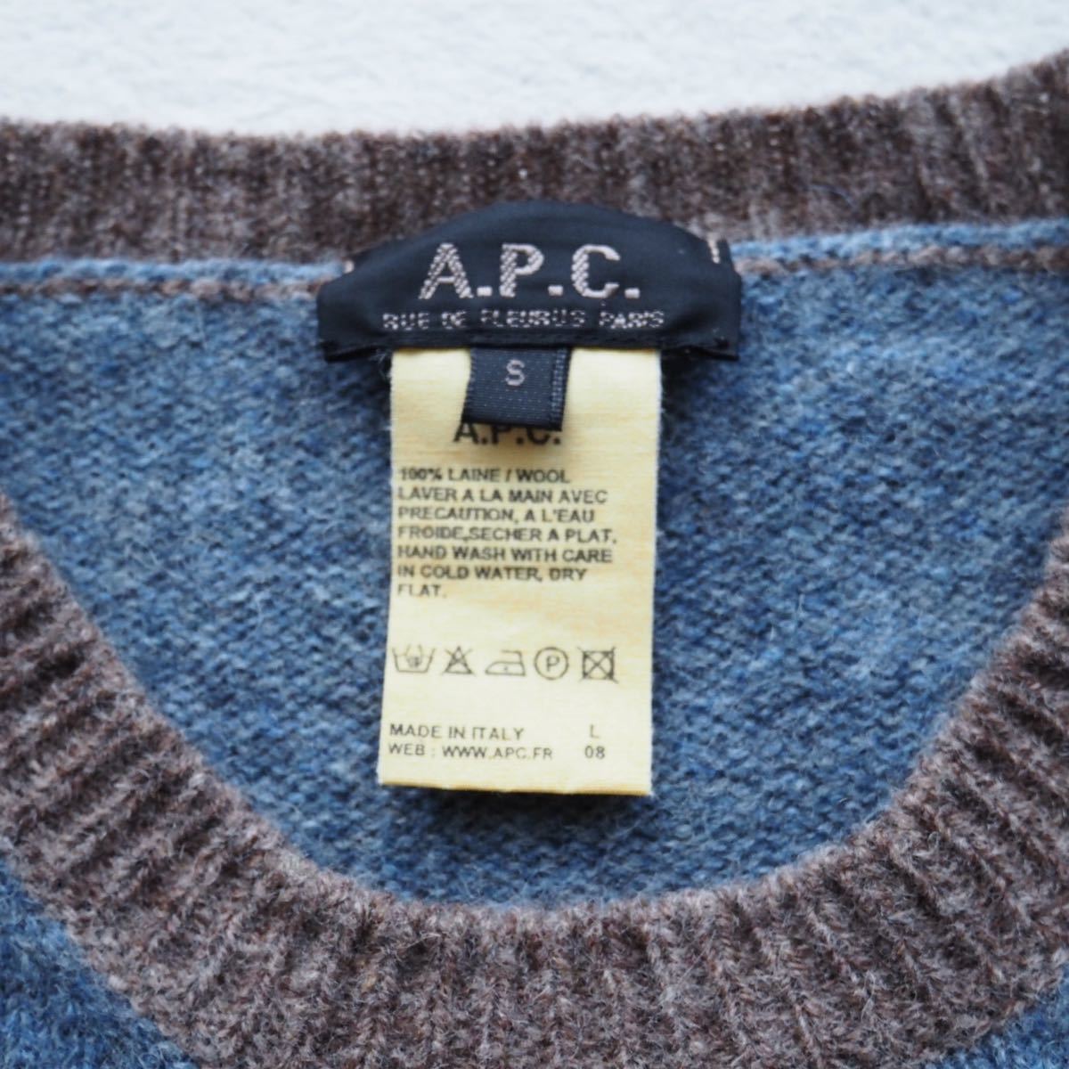 A.P.C. アーペーセー イタリア製 ボーダーニット クルーネックニット ウールニット 長袖 セーター 洗える ブラウン ブルー 茶色 青色 S_画像8