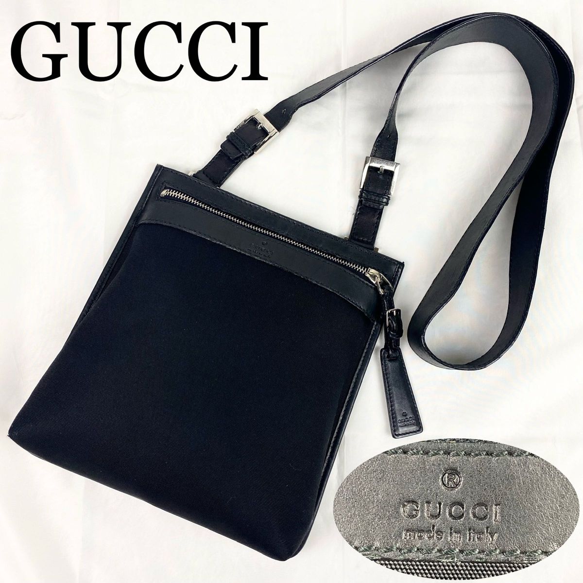 GUCCI ショルダーバッグ レザー×キャンバス 黒 ロゴ型押し シルバー金具-