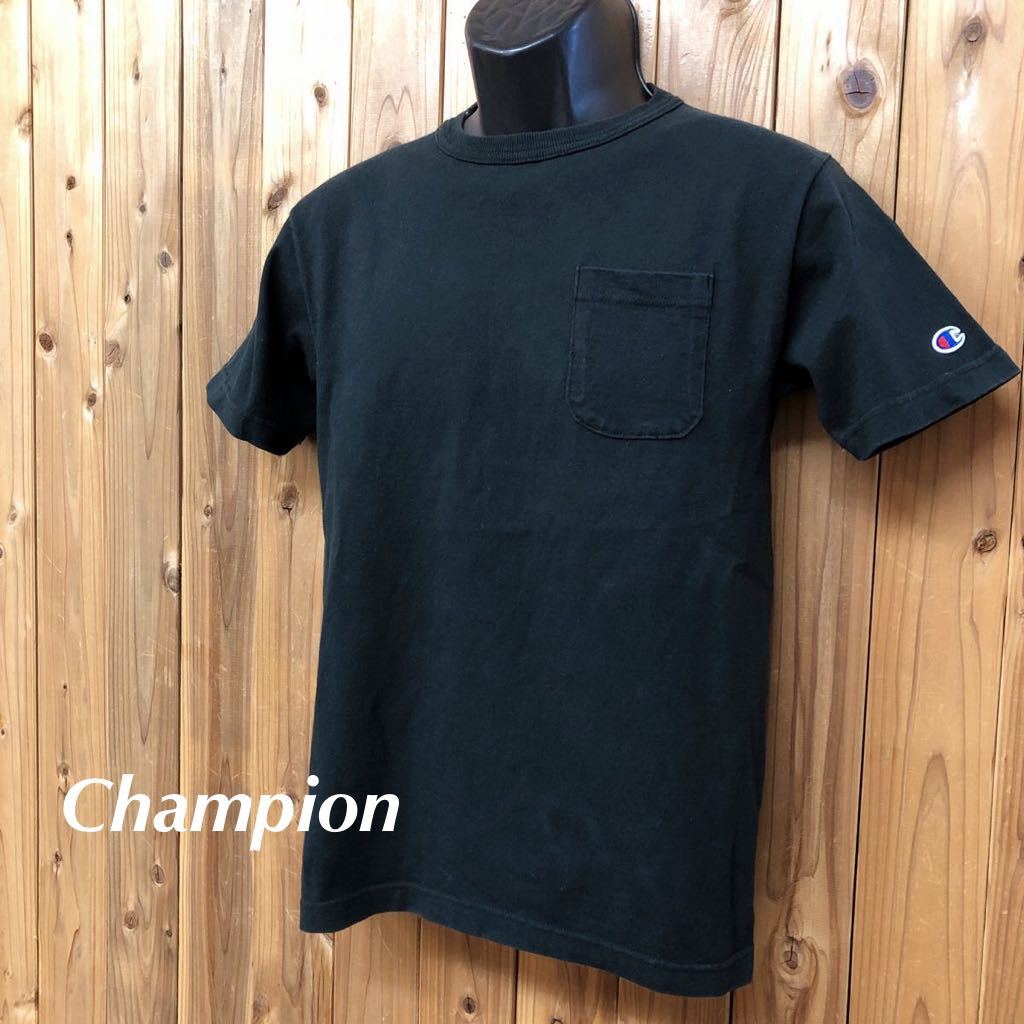 米国製 /Champion /T1011 チャンピオン メンズS 半袖Tシャツ トップス ポケットTシャツ 黒 無地 ワンポイント 刺繍 アメカジ USA古着_画像1