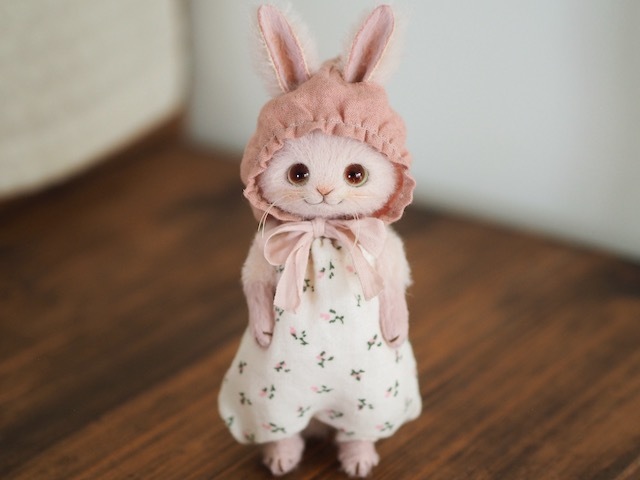 ☆creamy☆ ハンドメイド ピンクうさぎ 羊毛フェルト ぬいぐるみ 全身可動 teddybear ドール