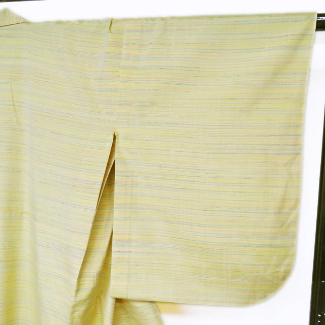 紬 着物 中古 正絹 単衣 カジュアル 淡黄色 多色 身丈167cm 裄65cm L