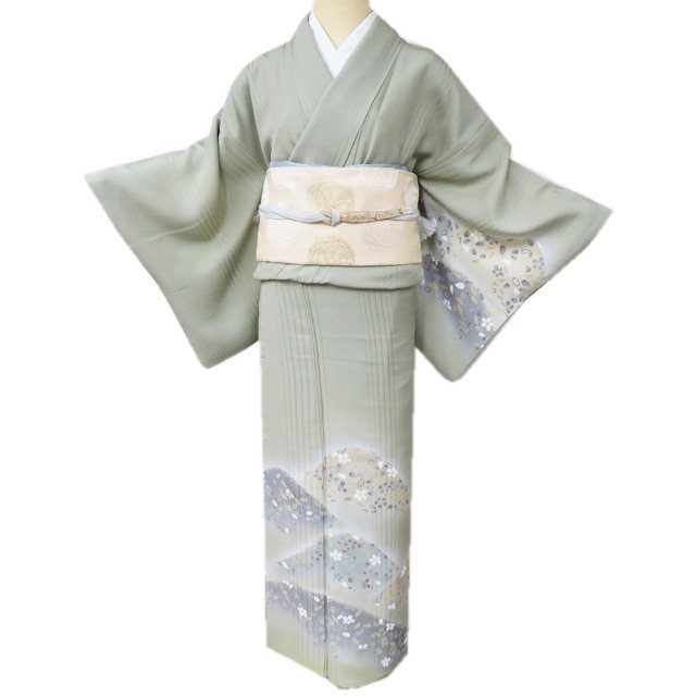  tsukesage attaching lowering visit wear kimono used .. woven author .. one flower. map Sakura ... tea color many color length 163.5cm.65cm L kimono north .A927-11