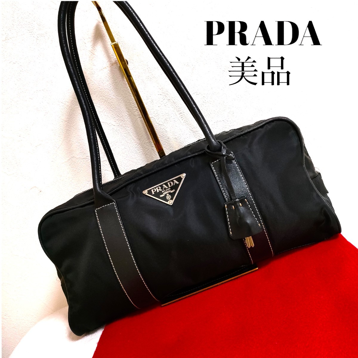 極美品 PRADA トートバッグ レザー ナイロン プラダ ブラック カデナ