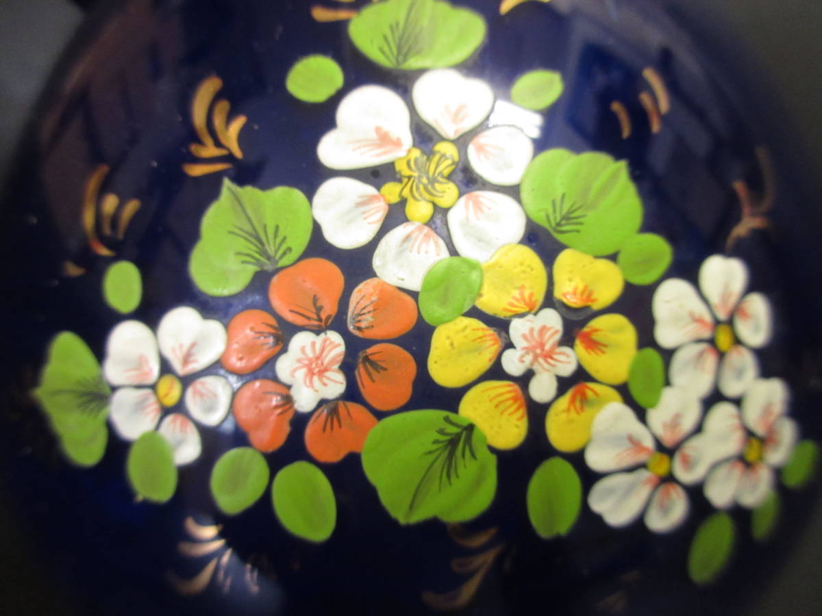 《花器》ガラス製 「花瓶：ブルー地に花の絵・金塗り 取っ手付き」 高さ：約23.5cm・口：約9.3cm インテリア・小物_画像7