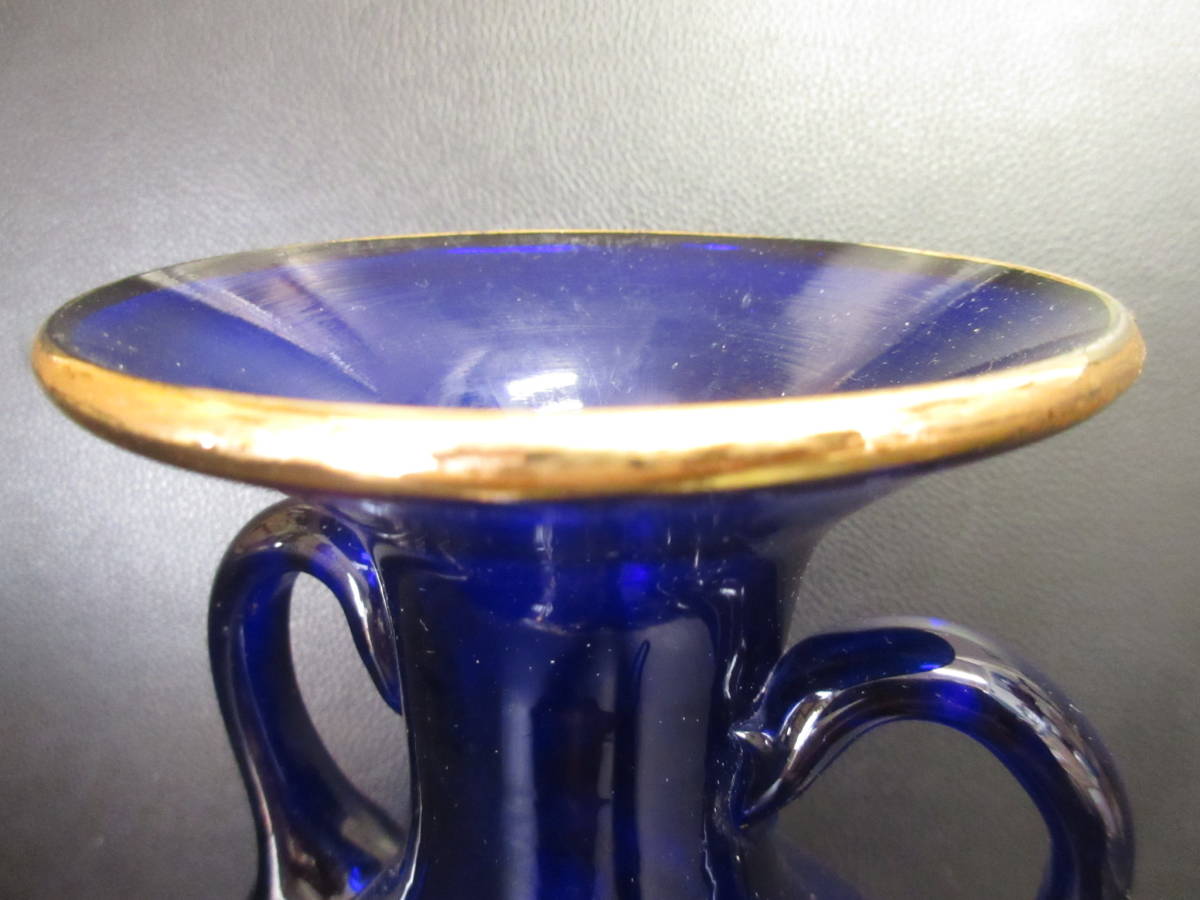 《花器》ガラス製 「花瓶：ブルー地に花の絵・金塗り 取っ手付き」 高さ：約23.5cm・口：約9.3cm インテリア・小物_画像8