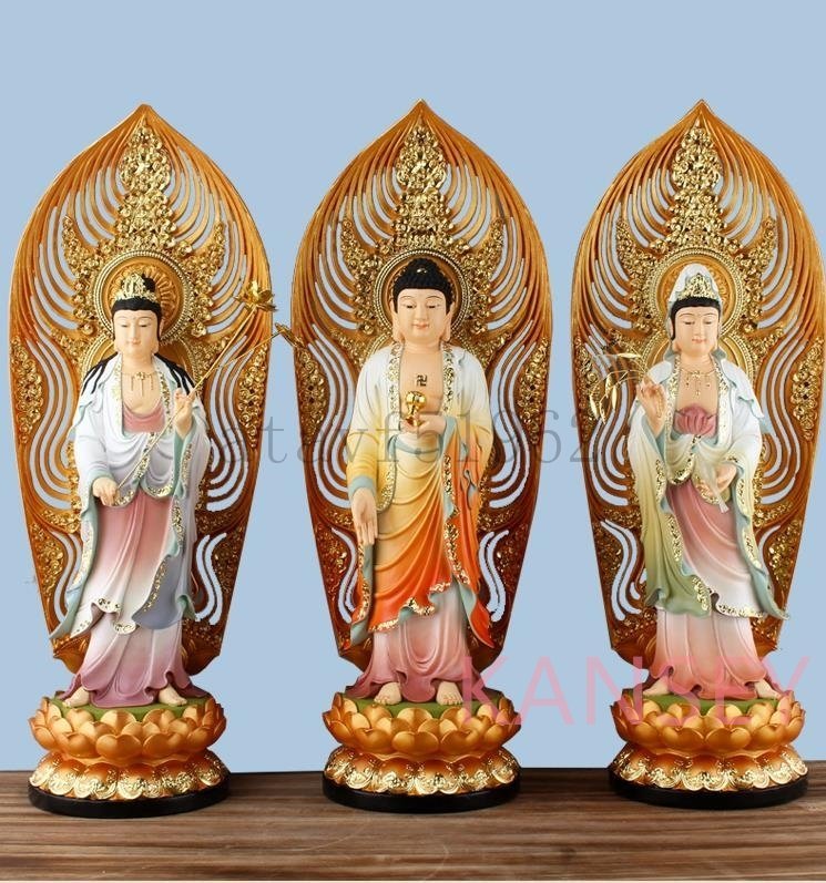 佳品 仏教三聖工芸品 精密彫刻 極上品 仏師で仕上げ品 西方三聖立像-