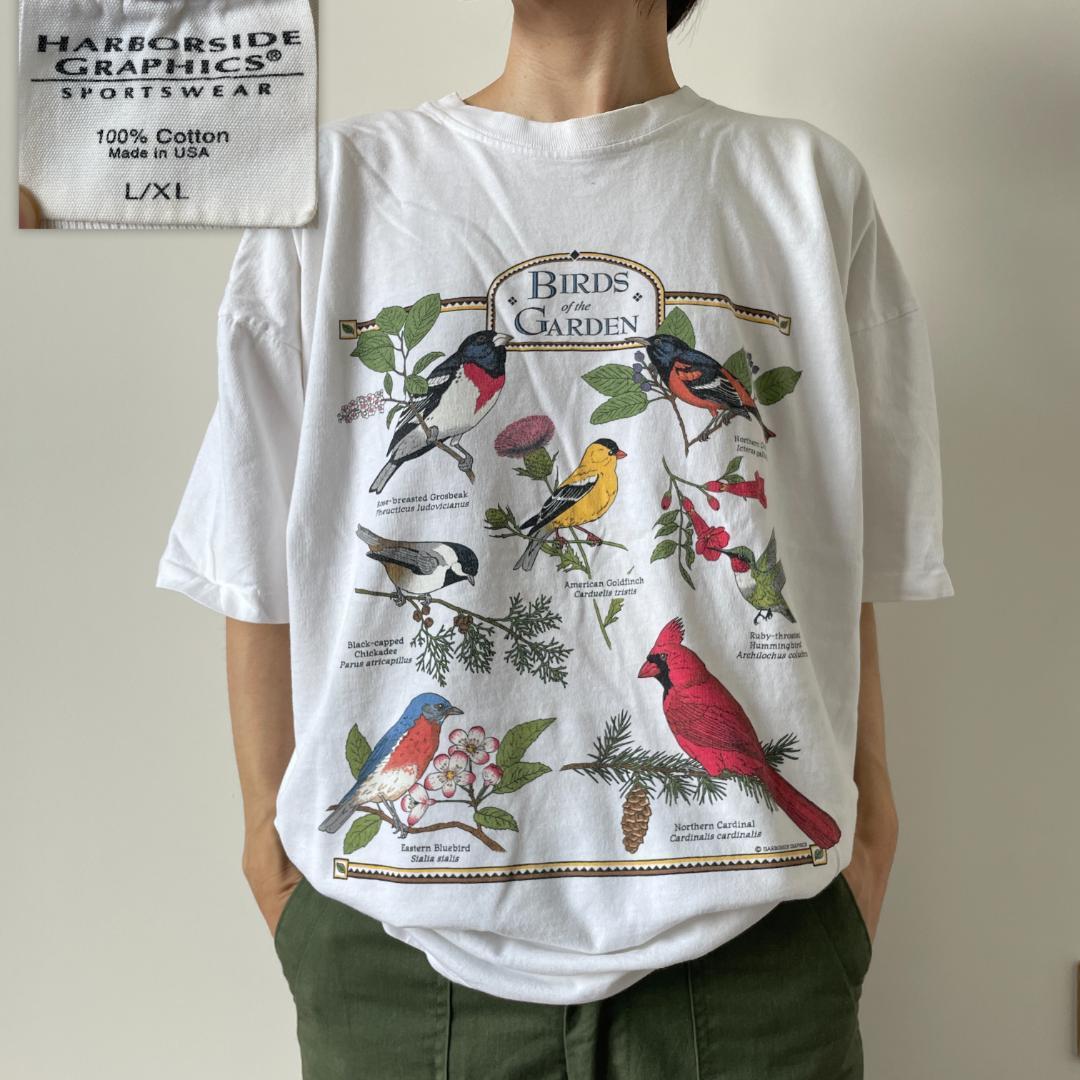 GF236 Tシャツ アート イラスト 鳥と花 バード 図鑑 90s オシャレ