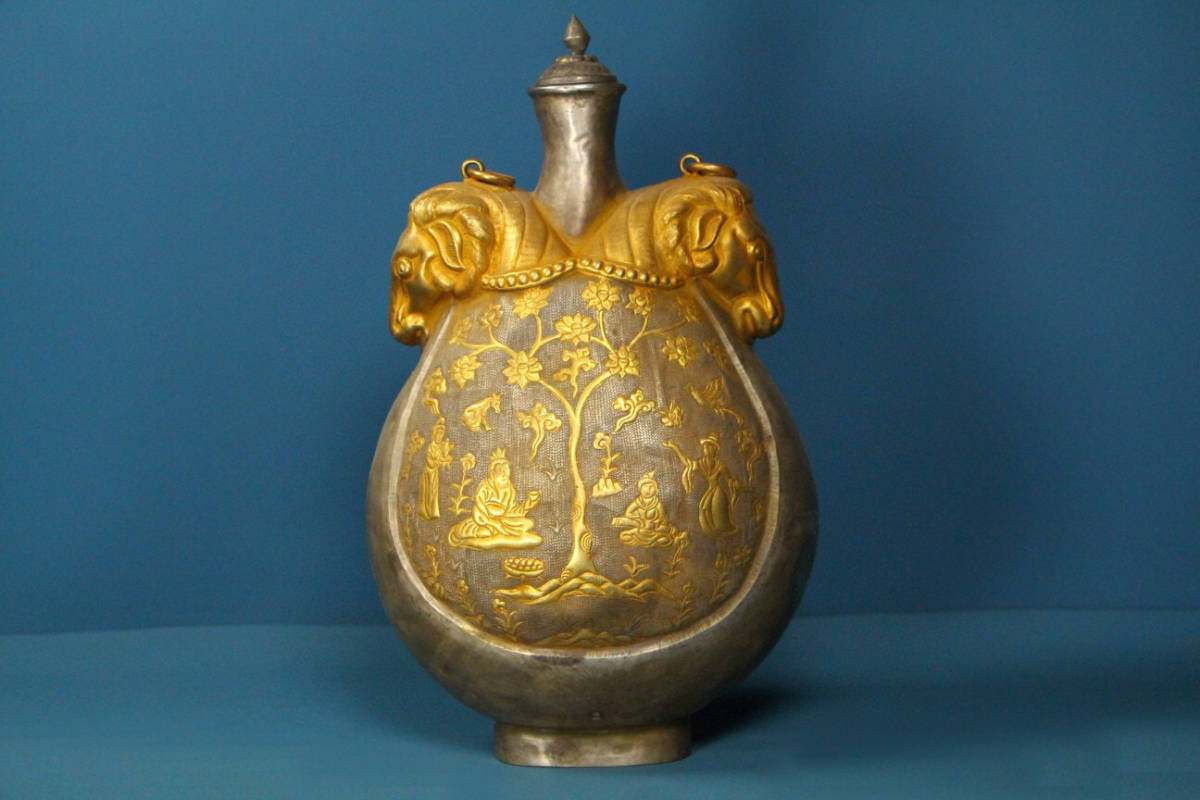 銅製・塗金・雙馬瓶収蔵家蔵稀少珍品・置物・古賞物・中国古美術