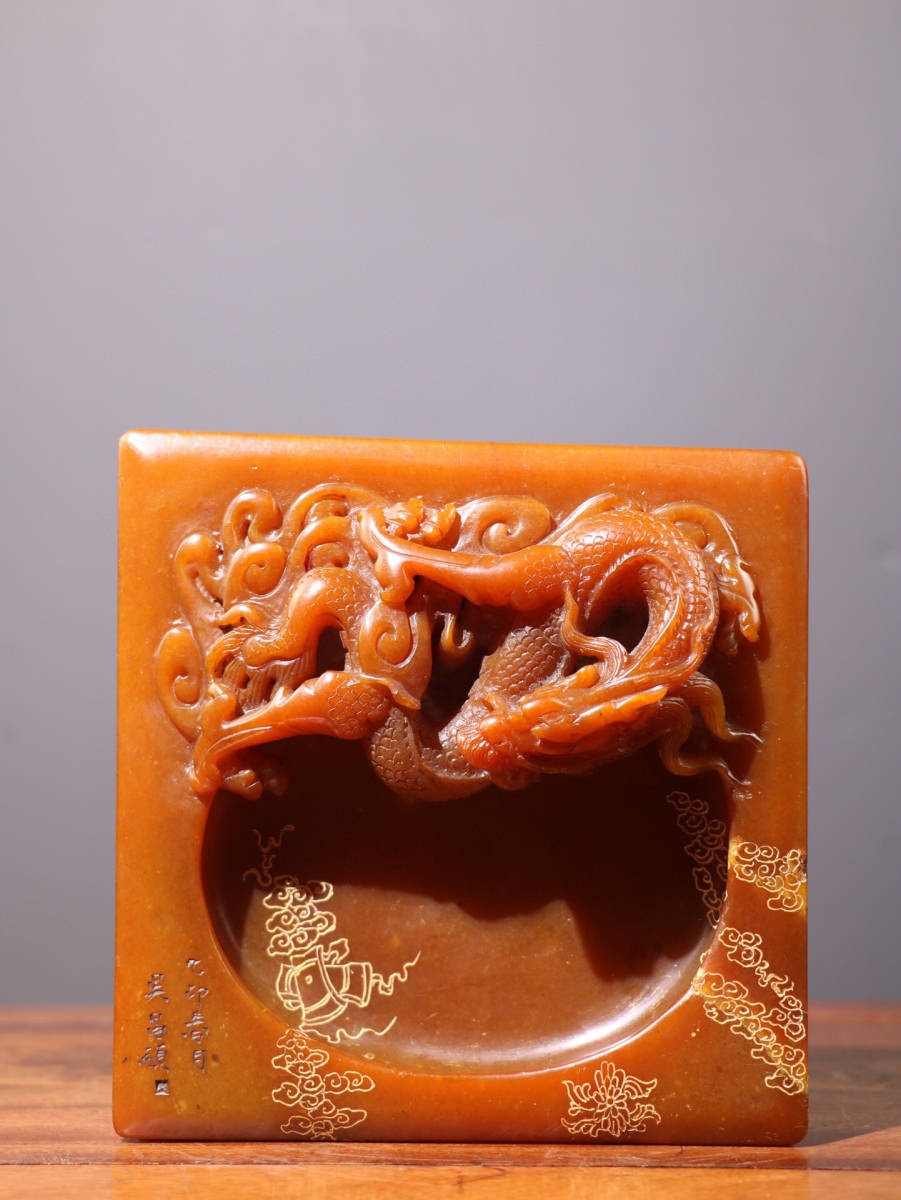 寿山石・田黄石・細密彫・神龍筆洗『収蔵家蔵』稀少珍品・置物・古賞物