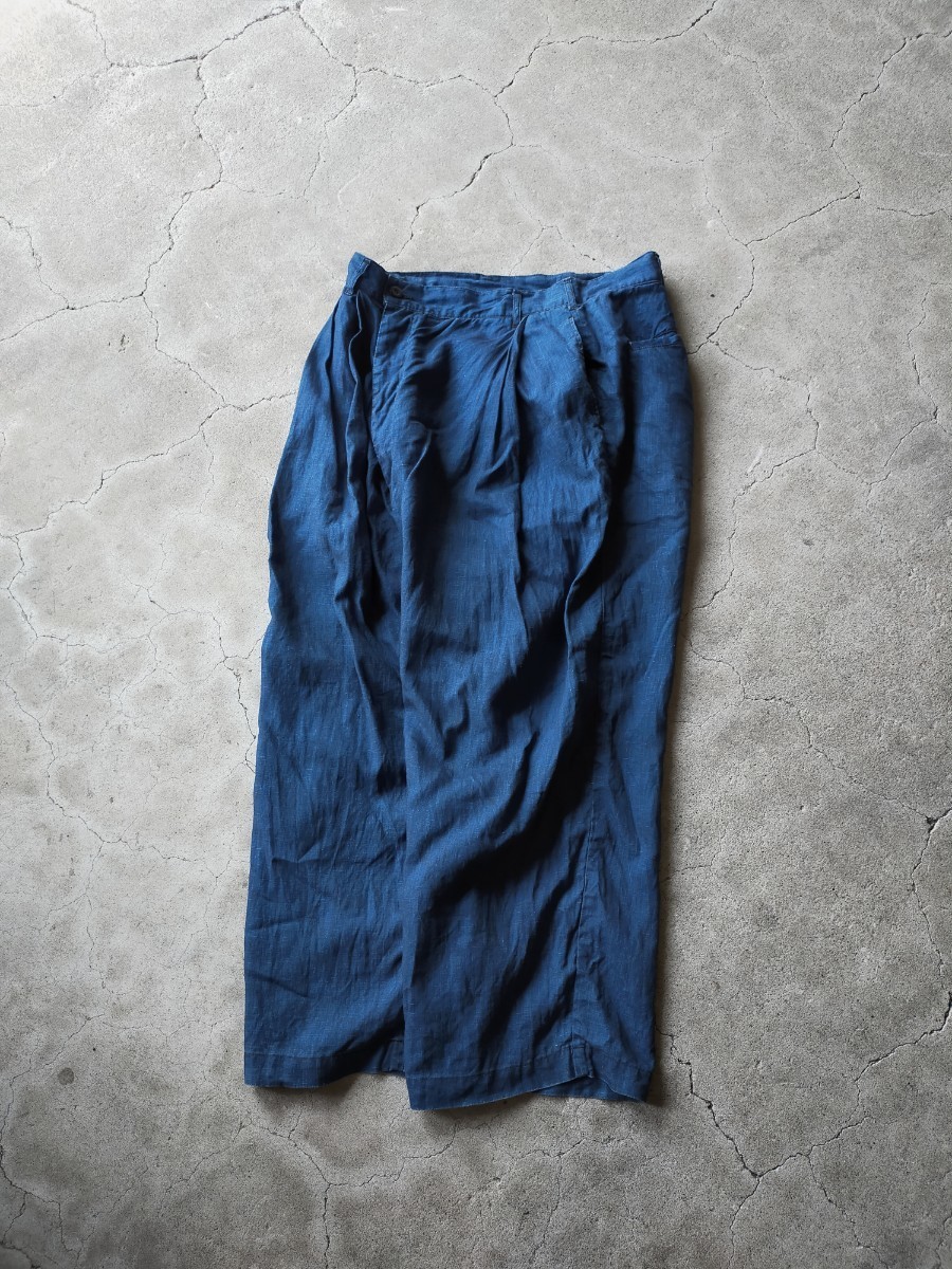 格安新品 藍染め スラックス フレンチリネン 麻 ワイドシルエット 極太