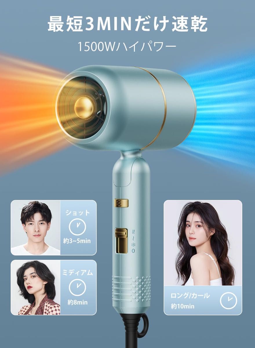 ドライヤー ヘアドライヤー マイナスイオン 1500W ヘアケア 3段階風量調節