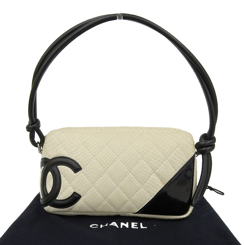 【本物保証】 布袋付 美品 シャネル CHANEL カンボンライン ショルダーポーチ パイソン 白 黒 ホワイト ブラック シール付 9番台 希少 レア