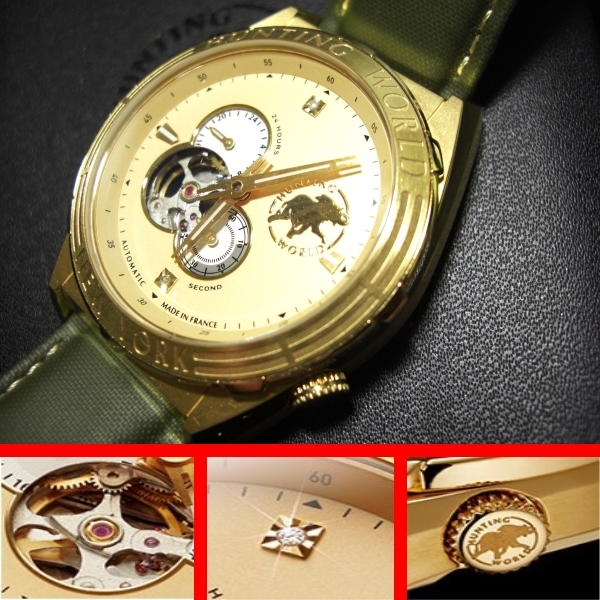  complete sale!950ps.@ limitation! diamond 2 stone & serial number! regular price approximately 11 ten thousand jpy . ultimate profit! chopsticks .- green belt & table .& made in Japan Move self-winding watch wristwatch Hunting World 5