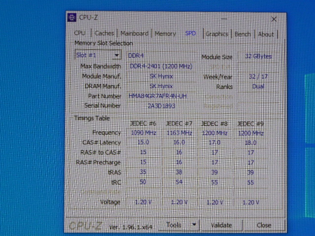 メモリ サーバーパソコン用 1.20V SK hynix PC4-19200T(DDR4-2400T) ECC Registered 32GB 起動確認済です HMA84GR7AFR4N-UH_画像5