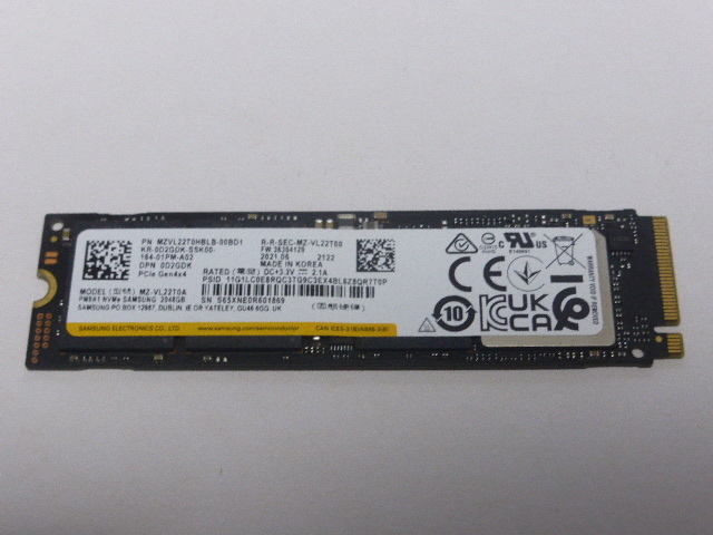 Samsung SSD M.2 NVMe Type2280 Gen 4x4 2048GB(2TB) 電源投入回数45回 使用時間9959時間 正常100% MZVL22T0HBLB-00BD1 PM9A1 中古品です③