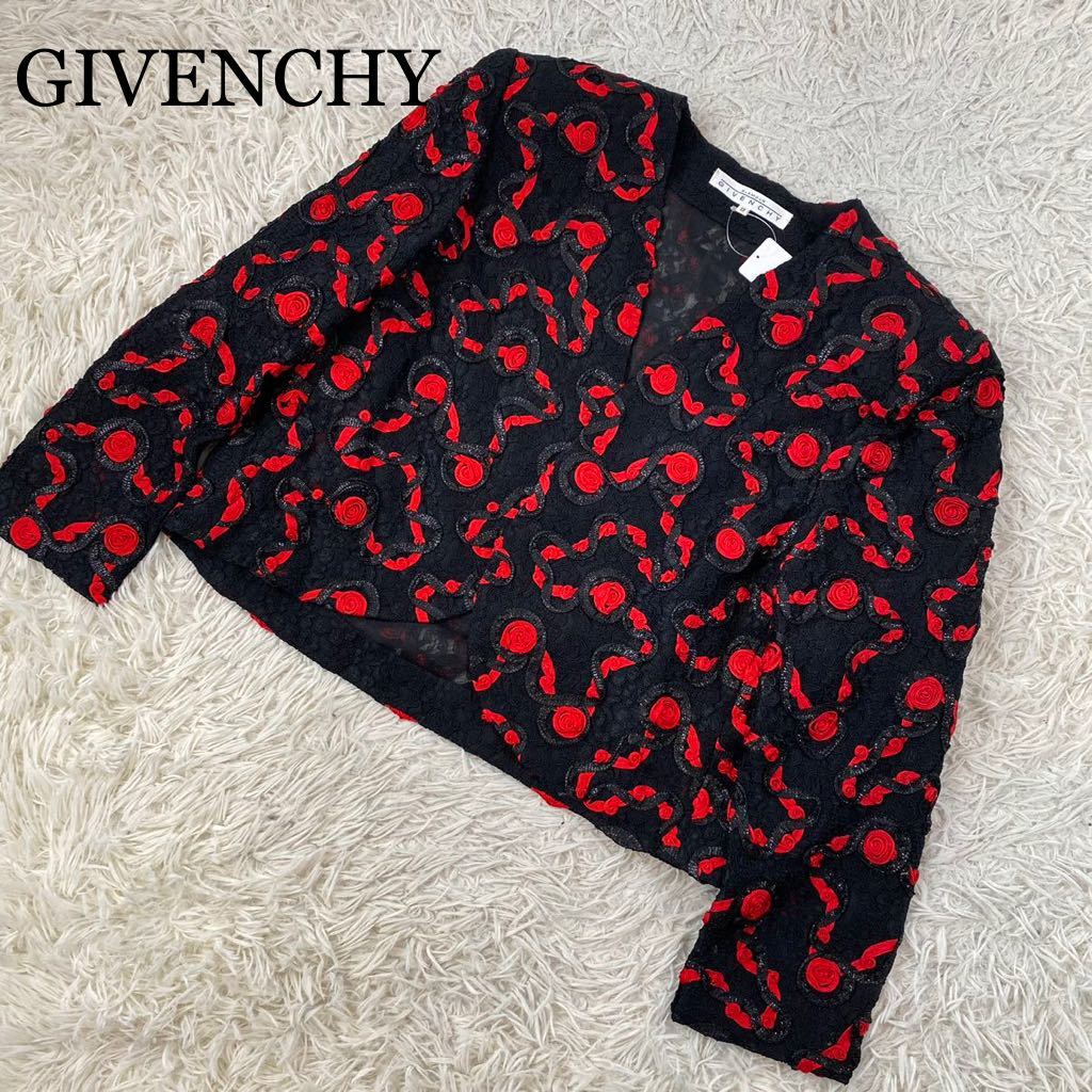 GIVENCHY ジバンシー ノーカラージャケット 黒×赤 バラ ラメ サイズ13