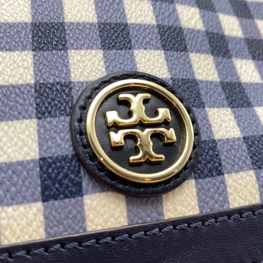 TORY BURCH トリーバーチ ショルダーバッグ チェック柄 ブルー系×ホワイト ゴールド金具 極美品 _画像7