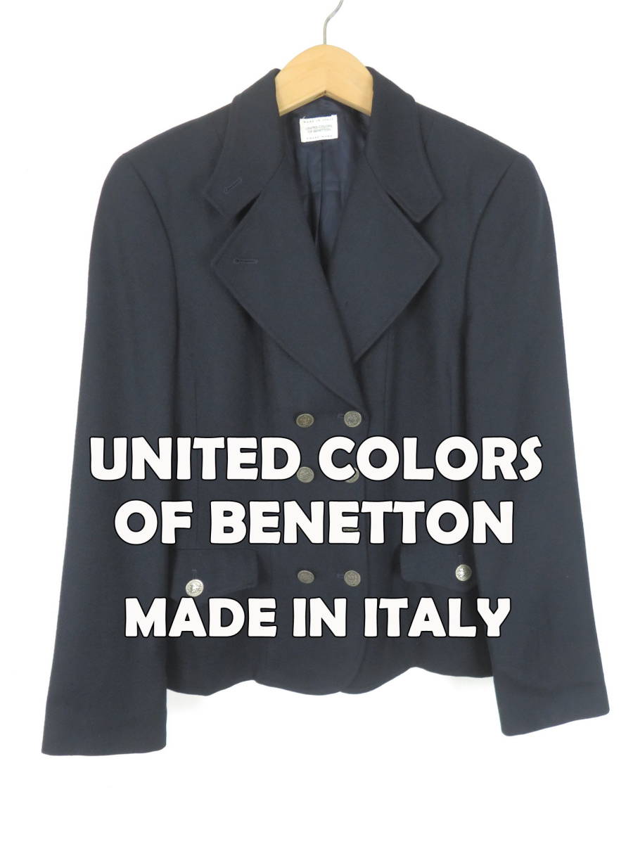 90s Benetton * Italy made lady's metal button blaser navy blue blur 44 * UNITED COLORS OF BENETTON coin button gold tailored 