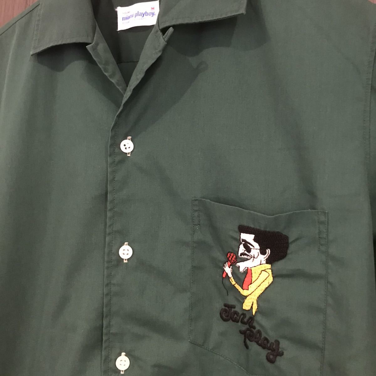 ビンテージ miami playboy TOYOBO DIASHIRTS マイアミプレイボーイ オープンカラーシャツ 半袖シャツ 刺繍 グリーン Mサイズ_画像2