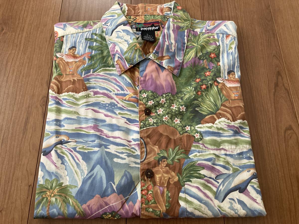 【美品★94年製】patagonia pataloha サベージ パラダイスマルチメニュー柄(L)パタゴニア パタロハ アロハシャツ / 501 506 xx BIGE 66前期