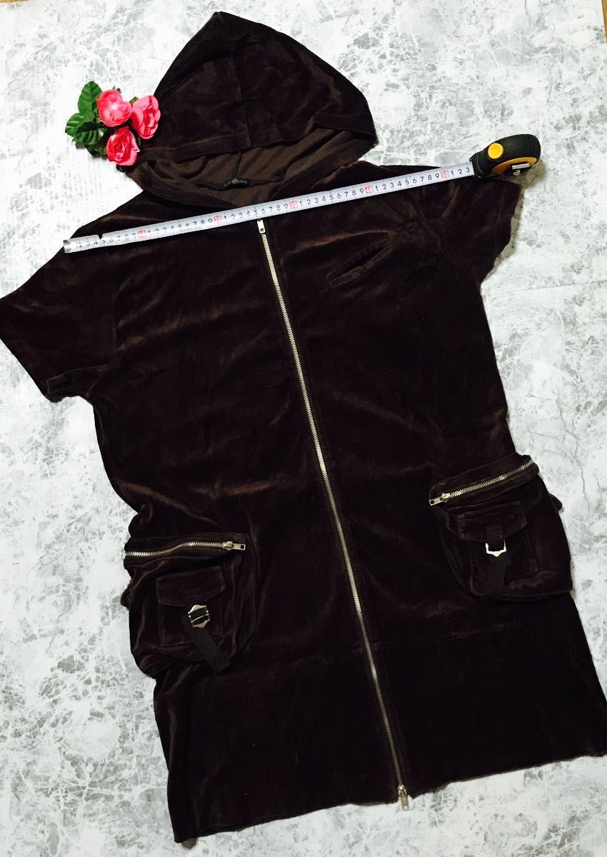 レディースファッション半袖チェニックワンピース　ロングワンピース　ベロワ調素材　ブラウン【CORNFLAKE】
