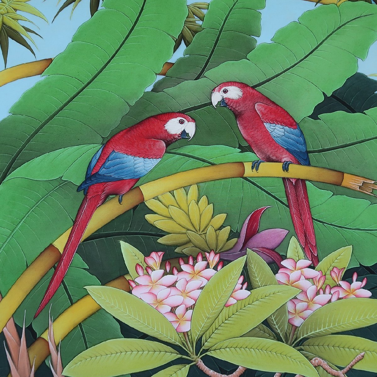 ２匹のコンゴウインコの絵 プンゴセカンスタイル 100X80 カラフルオウム 鳥の絵 ハワイアン バリ絵画 W.SURITA作 YSA-240454_画像5