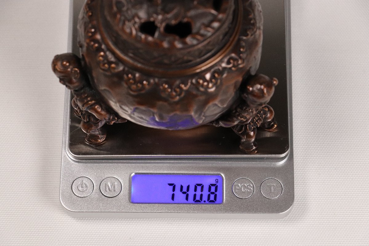 高岡銅器 蝋型師 二上常太郎 元威作 鋳銅製 三足香炉 獅子摘 唐子 共箱