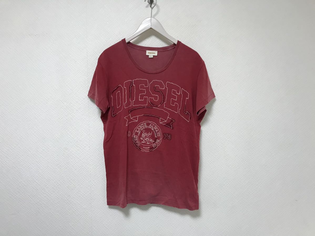 本物ディーゼルDIESELコットンロゴ刺繍半袖Tシャツメンズアメカジサーフミリタリーワークスーツビジネス赤レッドL_画像1