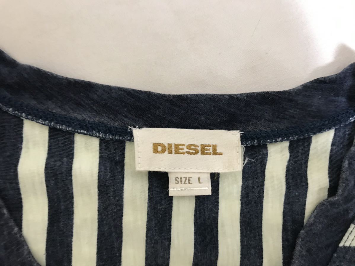 本物ディーゼルDIESELコットンボーダー柄Vネック半袖TシャツメンズアメカジサーフミリタリーワークスーツL紺ネイビー白