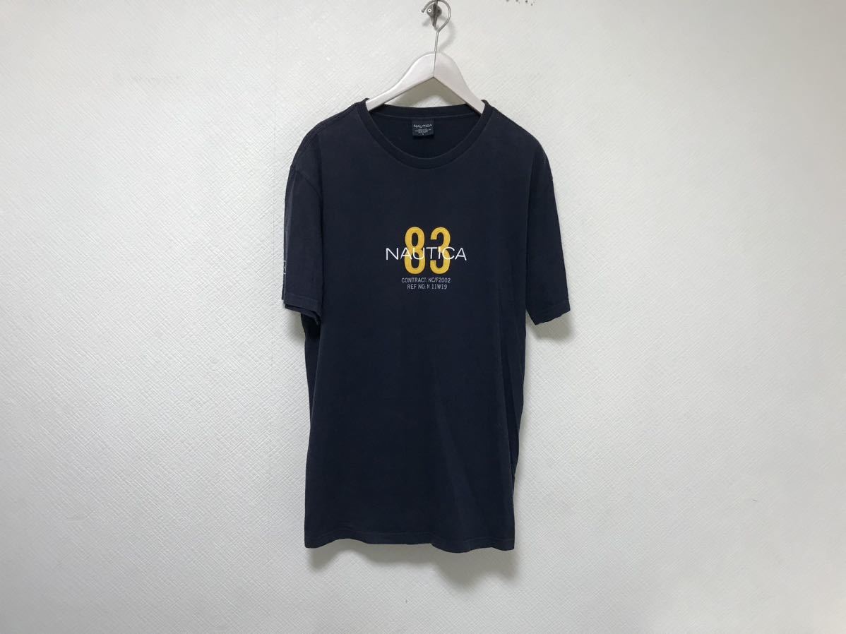 本物ノーティカNAUTICAコットンプリントデカビッグ半袖Tシャツメンズアメカジサーフミリタリーストリートビジネスワーク紺ネイビーL