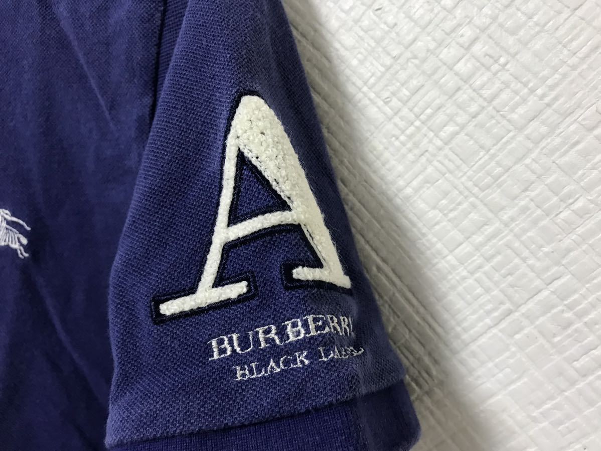 本物バーバリーブラックレーベルBURBERRY BLACK LABELコットンロゴ刺繍半袖ポロシャツメンズアメカジサーフビジネスゴルフ青ブルー2M日本製_画像3