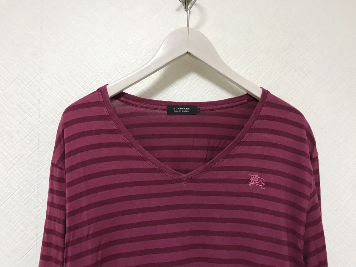 本物バーバリーブラックレーベルBURBERRY BLACK LABELコットンボーダー柄Vネック長袖TシャツロンTメンズビジネススーツLピンク3