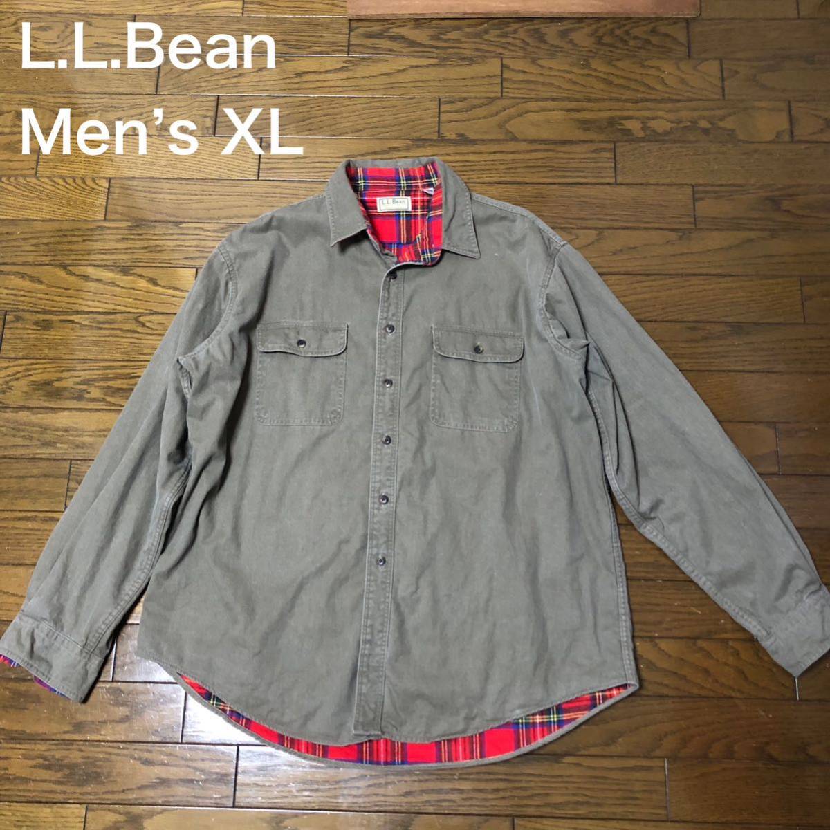 【送料無料】USA製L.L.Bean長袖ボタンジャケット　カーキ裏地チェック柄　メンズXLサイズ　エルエルビーン