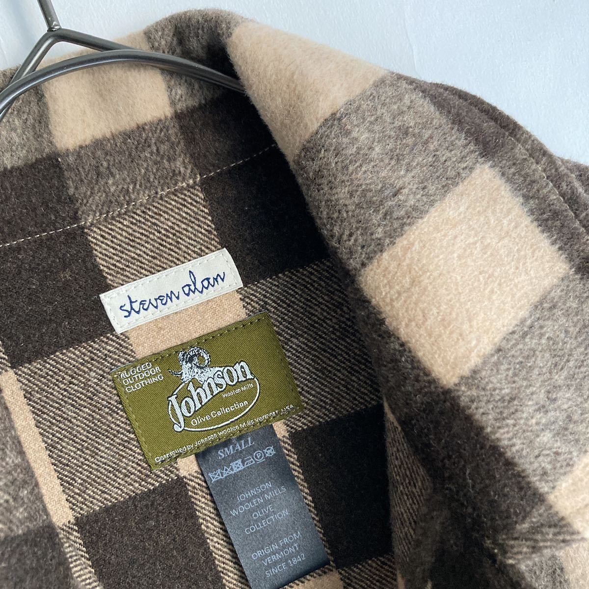 【美品】steven alan × Johnson Woolen Mills スティーブンアラン カバーオール ジャケットウール ブロックチェック ベージュ系 size S_画像9