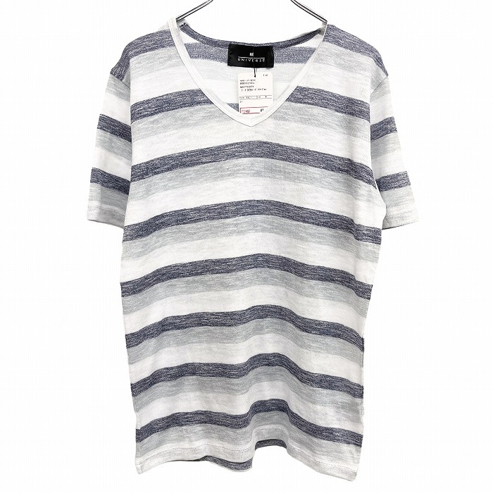 ナノユニバース 【新品】 天竺 ガーゼ生地 Tシャツ 半袖 ボーダー Vネック 綿×ポリ M ヘザーネイビー 杢紺×杢代×杢グレー メンズ