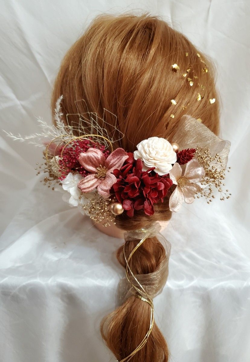 髪飾り　ハナミズキ　成人式　結婚式　卒業式　和装　くすみピンク×ワインレッド