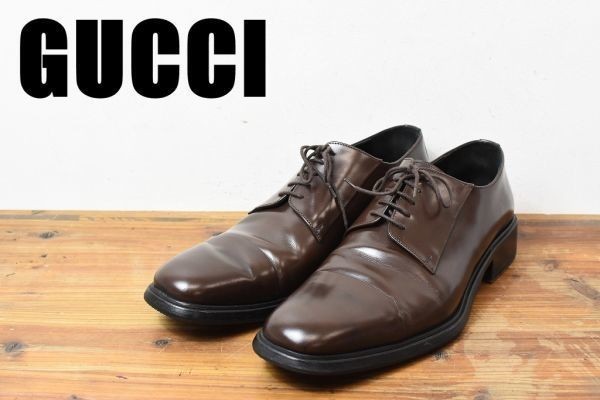 MN AA0013 高級 GUCCI グッチ レザー メンズ キャップトゥ レースアップ ドレス シューズ ローファー 革靴 ビジネス ブラウン 44E_画像1