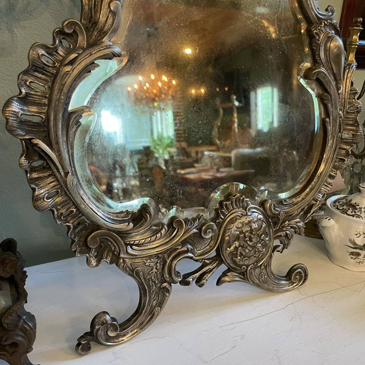 フランスアンティーク　ミラー　スタンドミラー　シルバープレート　アンティークミラー　ルイ15世様式　ロココ様式　アンティーク　鏡_画像4